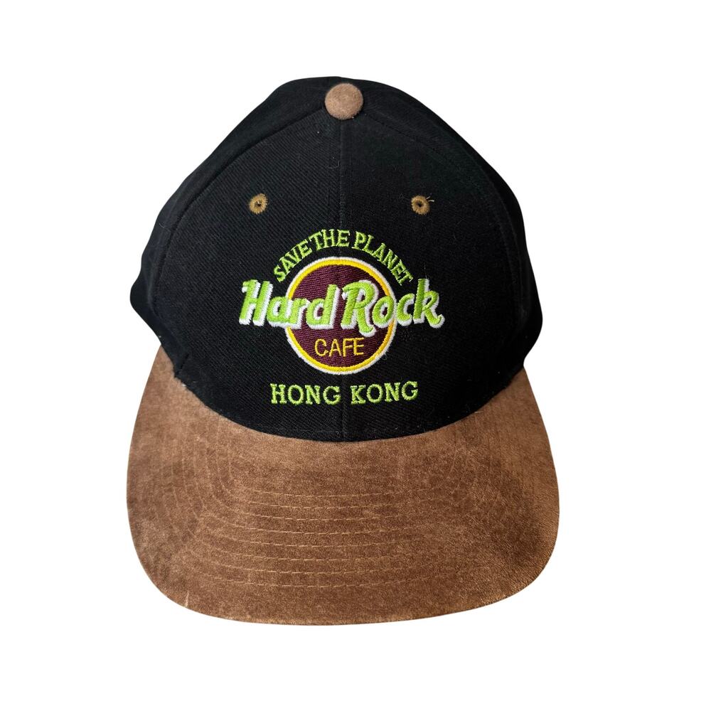 VTG Hard Rock Cafe Save the Planet snapback hat Hong Kong black tan faux suede
